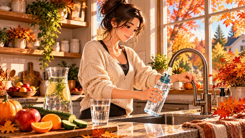 Anime-style illustration of a woman filling a reusable water bottle in a bright autumn kitchen.