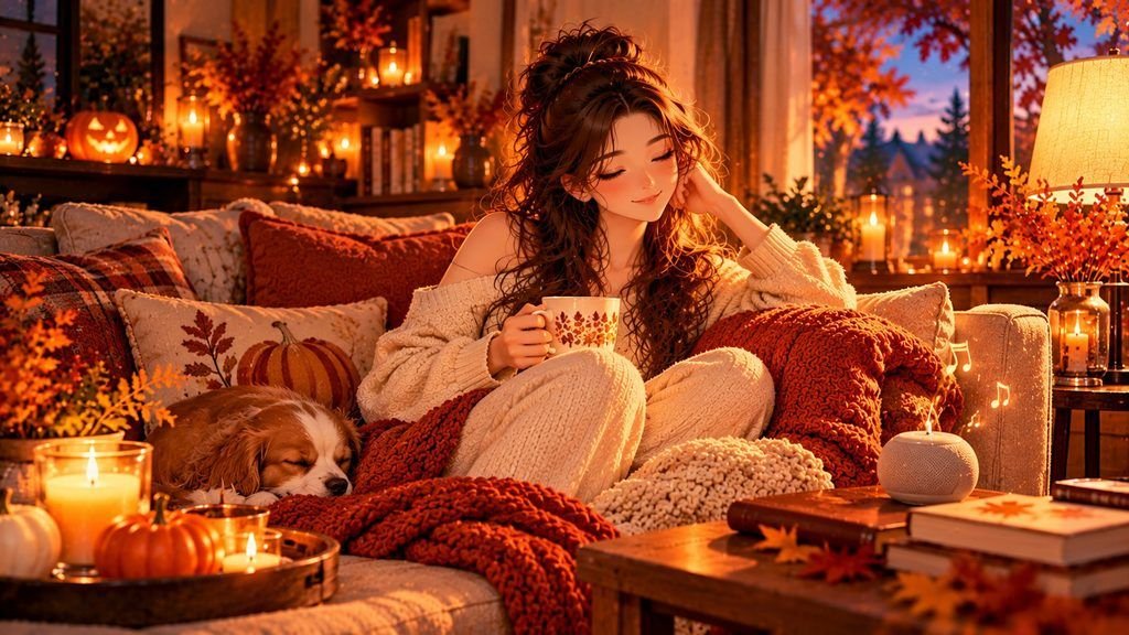 Anime-style woman enjoying a gentle October self-care evening with herbal tea and calming music in a cozy living room.
