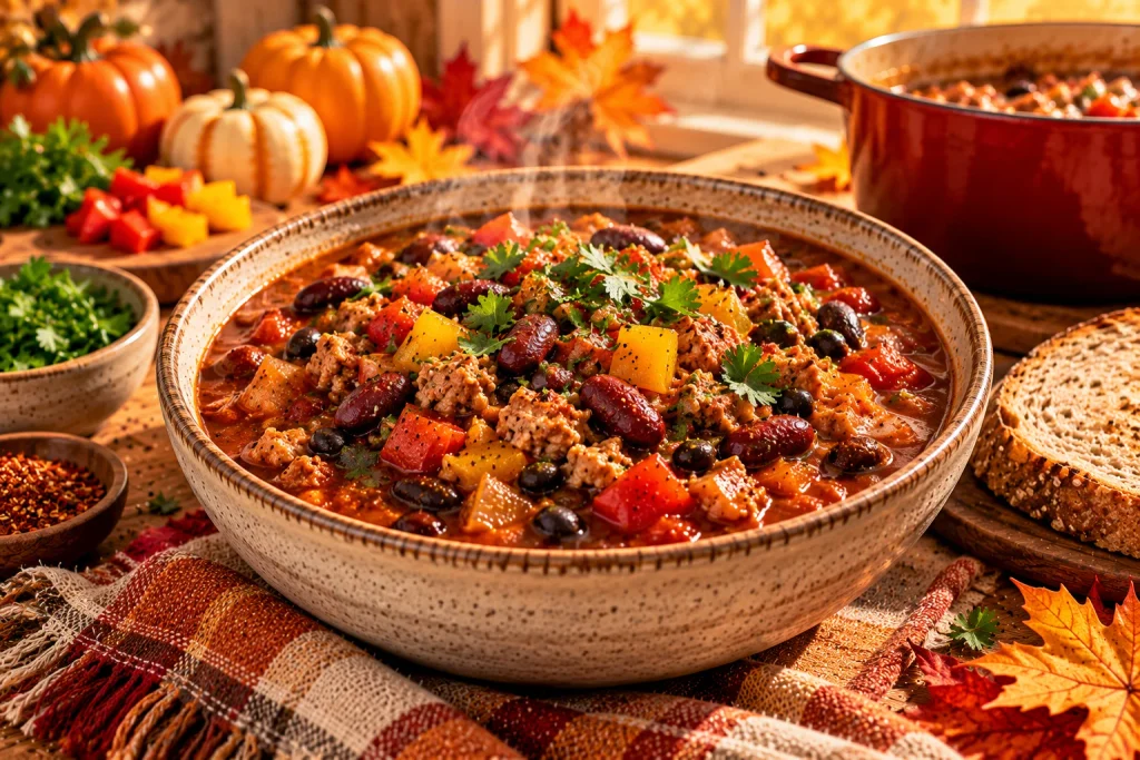 Hearty turkey and bean chili with kidney beans, tomatoes, bell peppers, and fresh herbs.