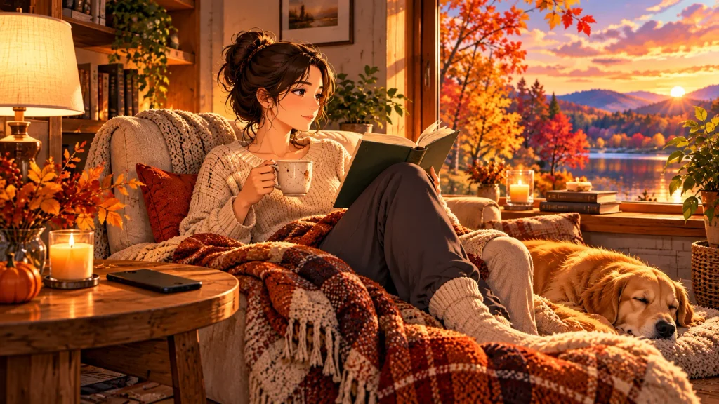 Fall weekend screen break with phone set aside while reading a book