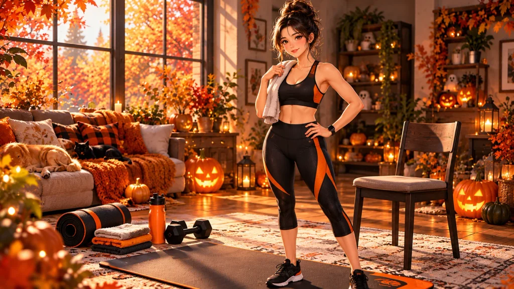 Anime-style woman preparing for a five-day bodyweight strength challenge in a cozy Halloween-decorated home gym.