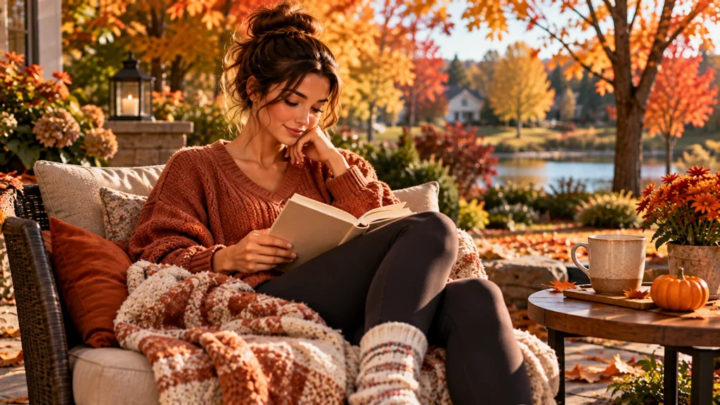 Busy adult relaxing outdoors during a calm fall afternoon