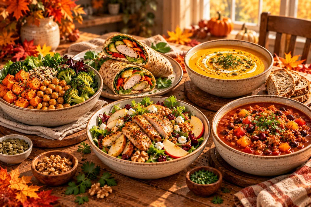 Five healthy fall lunches including a chickpea grain bowl, turkey wrap, squash soup, chicken salad, and turkey chili.