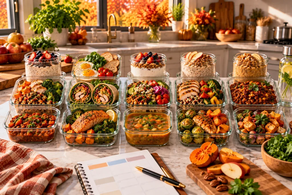 Five-day healthy fall meal prep plan with balanced breakfast lunch and dinner options