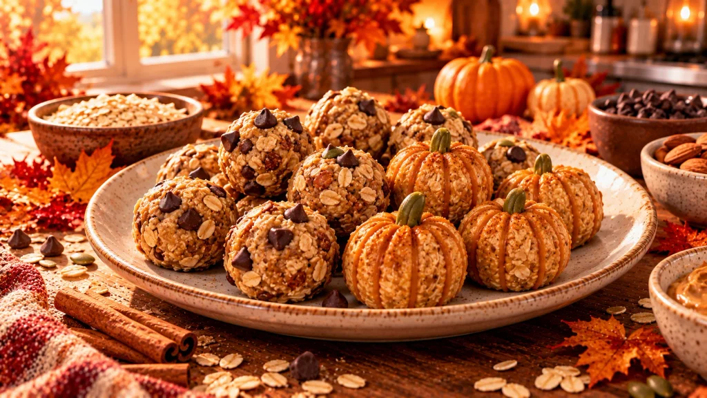 Homemade oatmeal energy bites with chocolate chips and cinnamon arranged on a plate with autumn decorations.