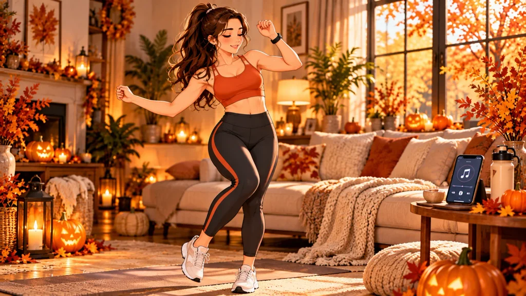 Woman enjoying a home workout with music in a cozy Halloween living room.