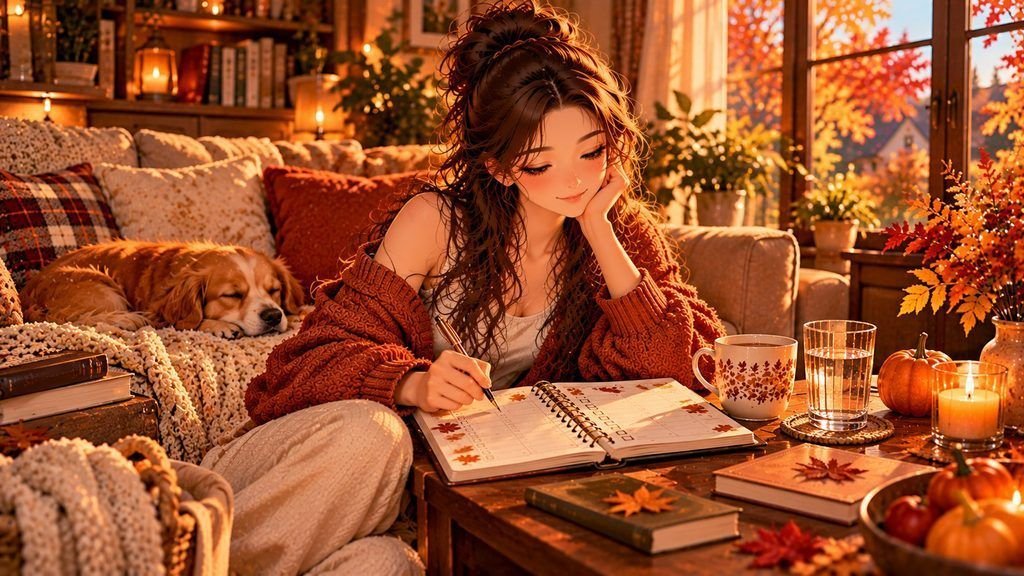 Anime-style woman reviewing a simple daily self-care planner beside a book and warm drink in a cozy fall home.