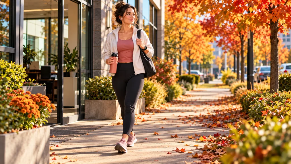 Busy adult taking a short walking break during a workday
