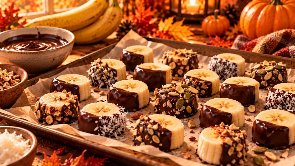 Banana rounds partially dipped in dark chocolate and topped with coconut and chopped nuts.