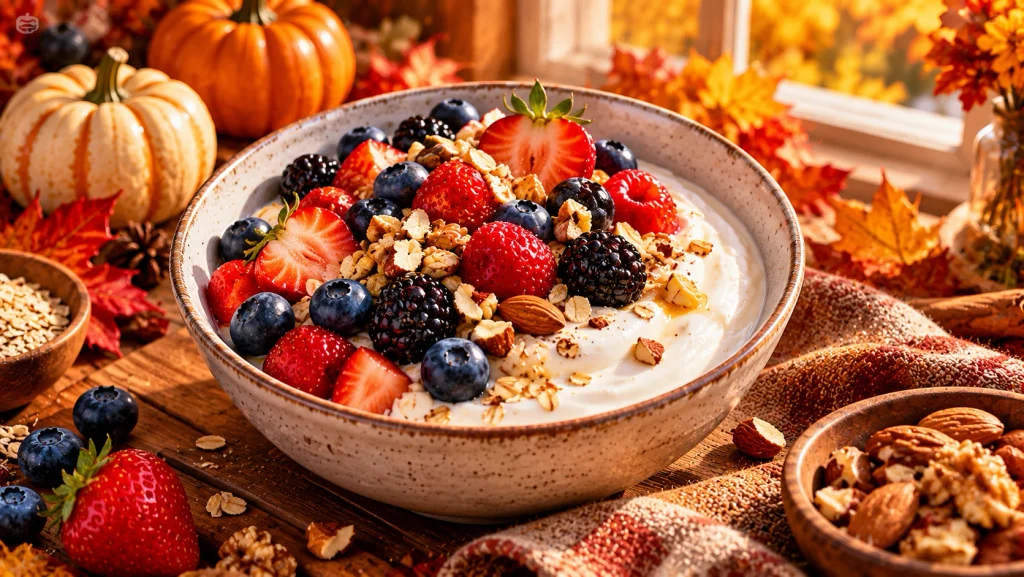 Greek yogurt with berries, oats and nuts for a healthy fall snack