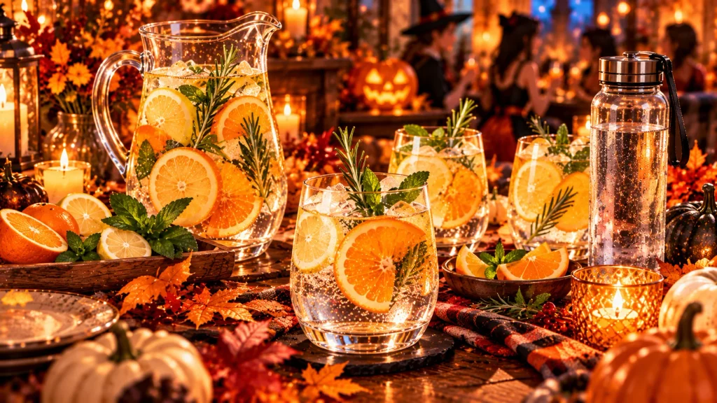 Sparkling citrus water and fruit-infused drinks on a Halloween party table with pumpkins.