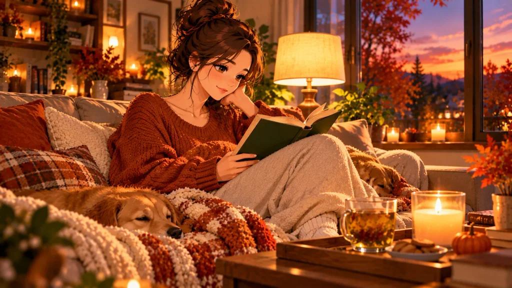 Cozy fall evening self-care routine with book, tea and warm lighting