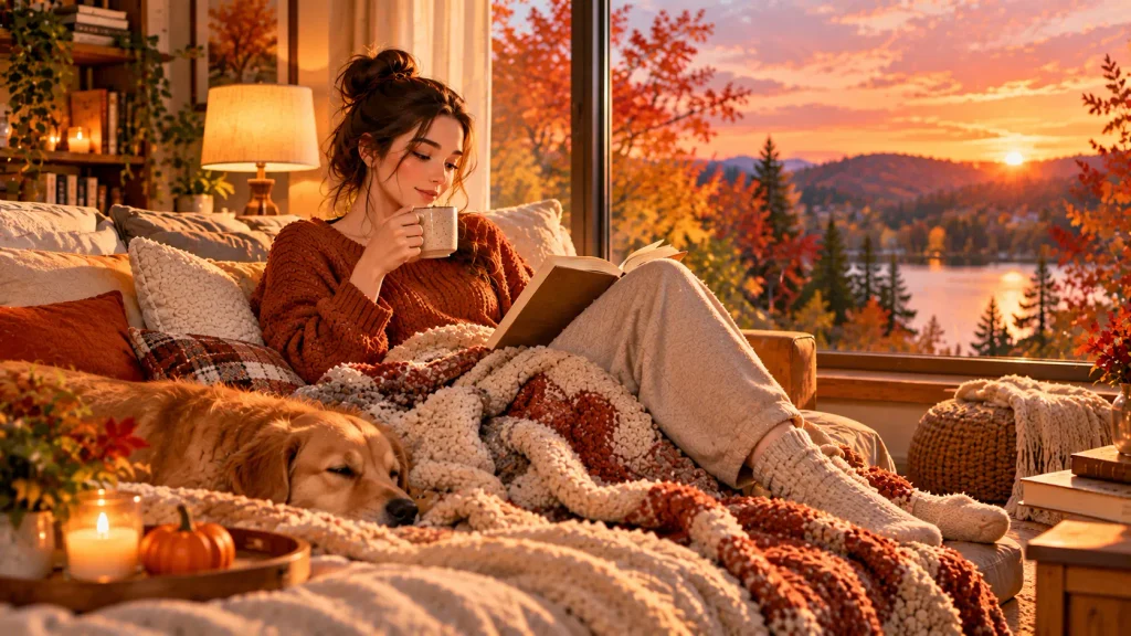 Restful fall weekend with cozy home setting, book, tea and autumn foliage