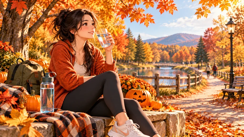 Anime-style illustration of a woman drinking water in an autumn park surrounded by golden leaves.