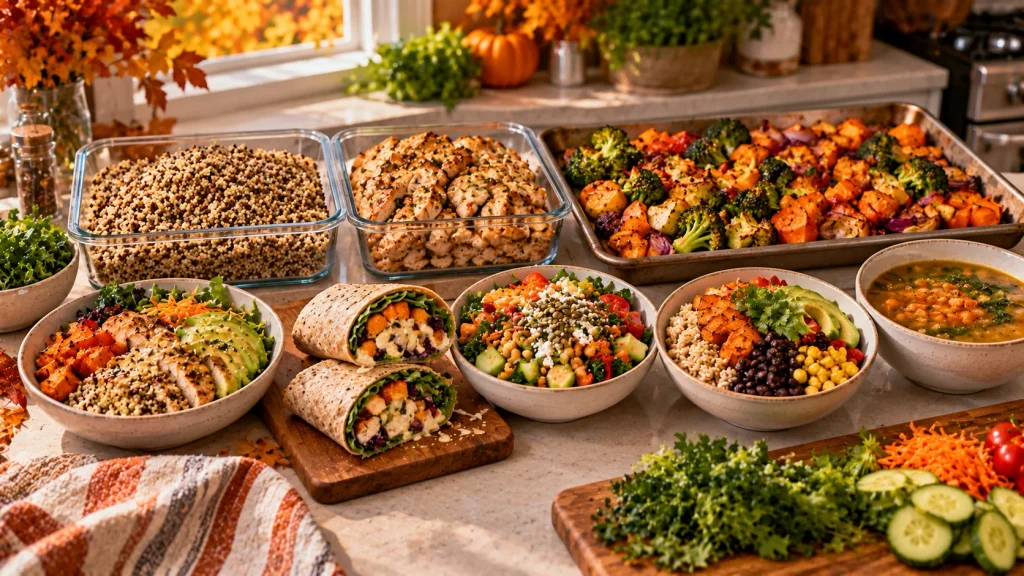Fall meal prep with cooked grains, protein, roasted vegetables, grain bowls, wraps, salads, and soup.