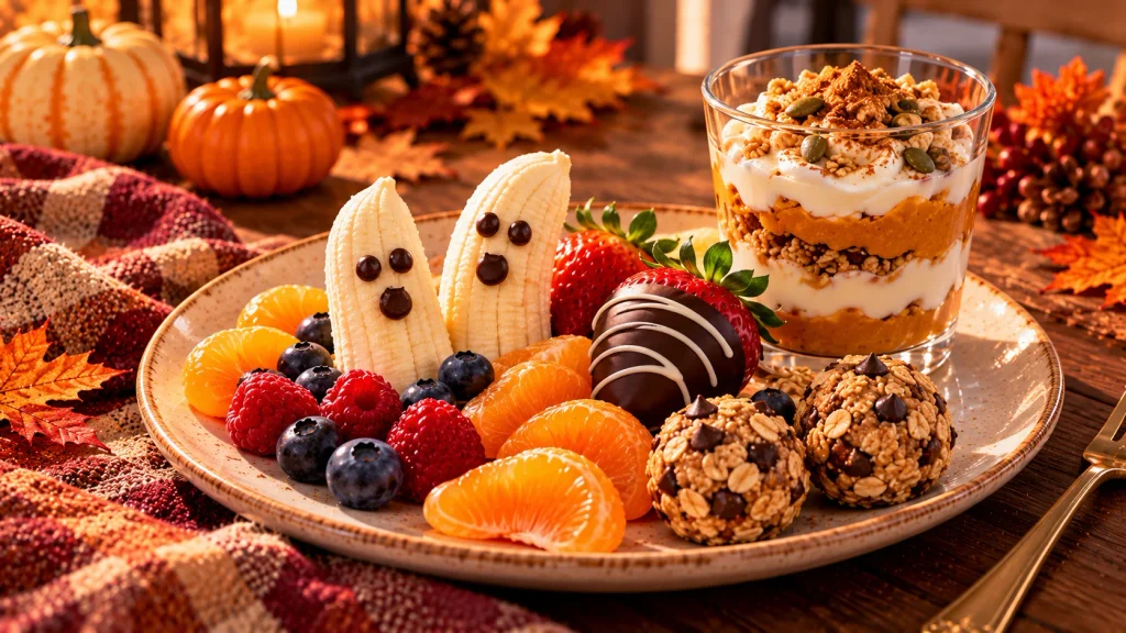 Halloween dessert plate featuring a banana ghost, fresh berries, orange segments, a chocolate-dipped strawberry, and yogurt parfait.