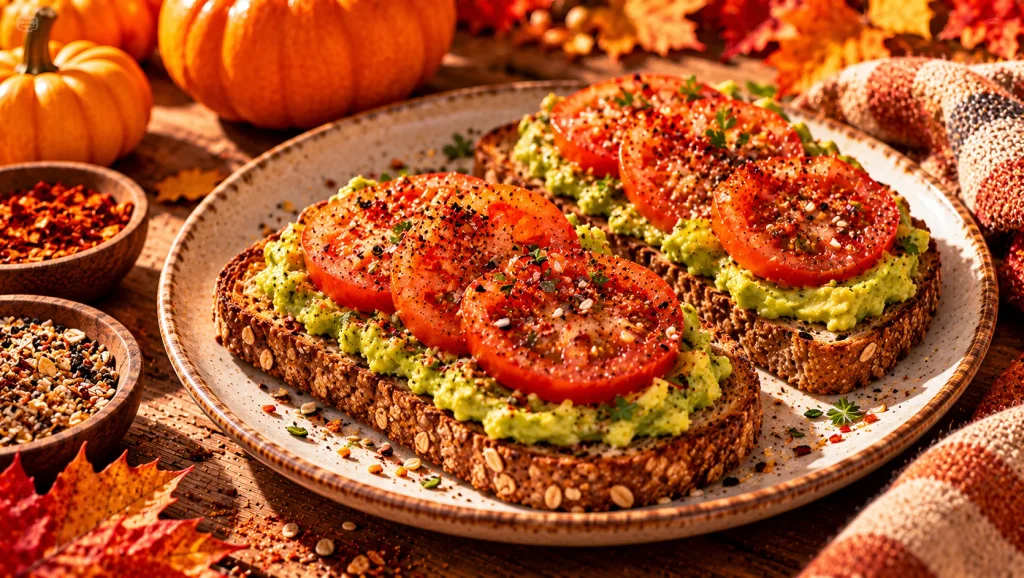 Whole-grain avocado toast with tomato and chili flakes