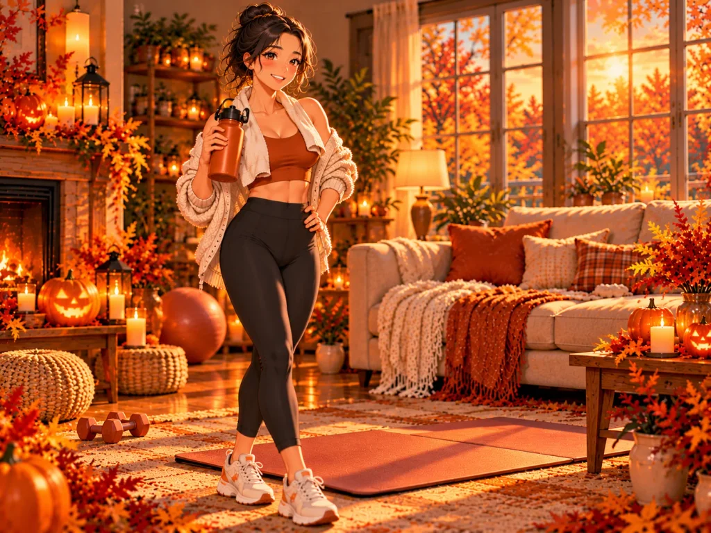 Smiling woman holding a water bottle beside an exercise mat after a short Halloween workout in a cozy fall living room.