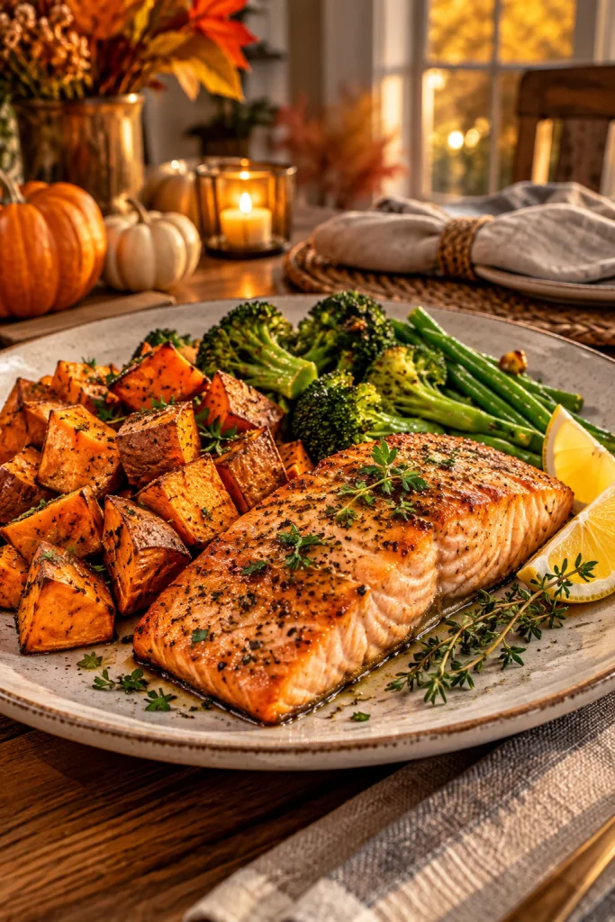 Healthy salmon dinner with roasted sweet potatoes, green vegetables, lemon and herbs.