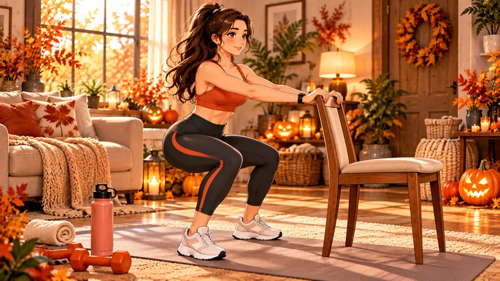 Beginner exercising at home with supportive footwear, a clear workout area, and water nearby.