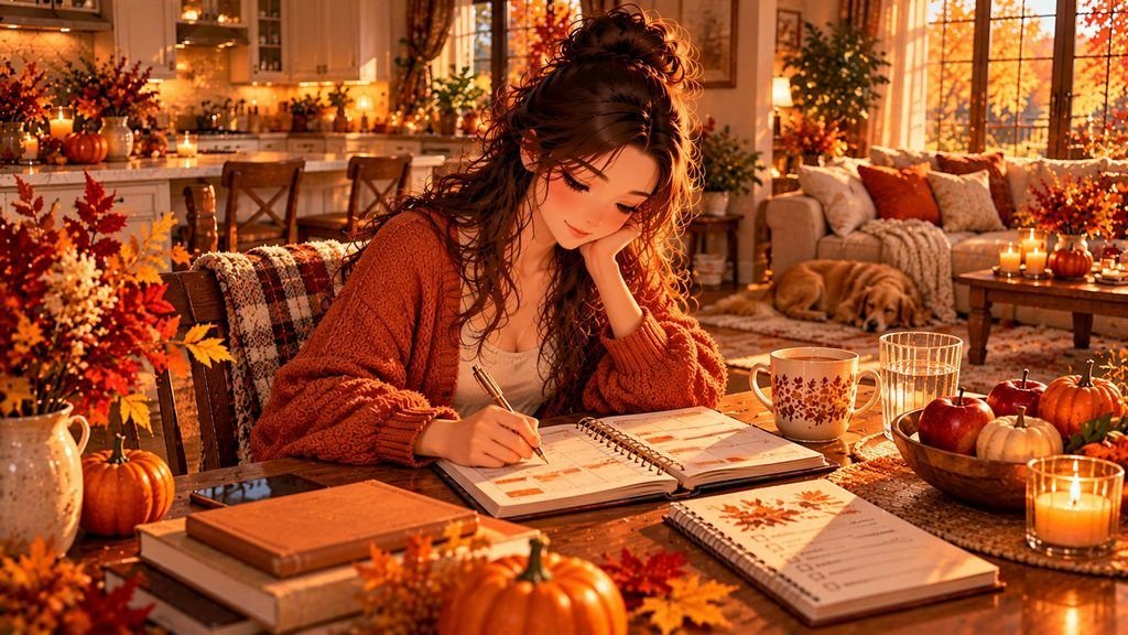 Anime-style woman planning her week in a notebook during a cozy Sunday fall reset with a warm drink and pumpkin decor.