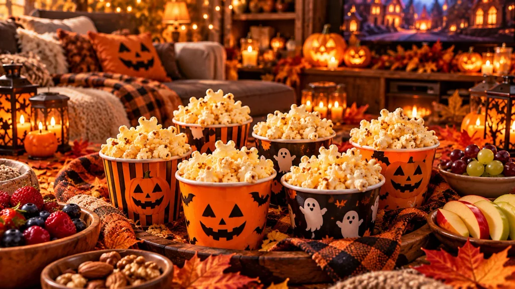 Halloween popcorn cups styled for a cozy American October movie night.