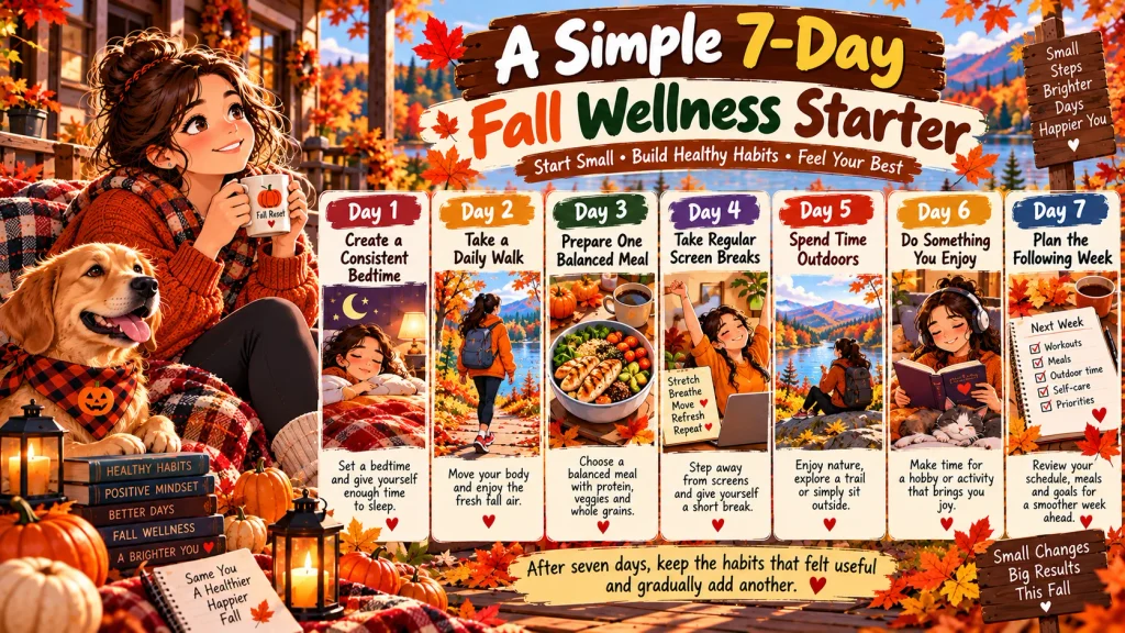 Anime-style seven-day fall wellness concept featuring walking, healthy meals, sleep, hydration, outdoor time, hobbies, and planning.