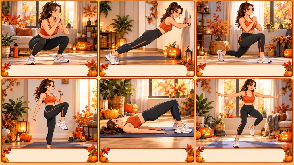 Six-panel fitness illustration demonstrating beginner bodyweight exercises for a Halloween home workout.