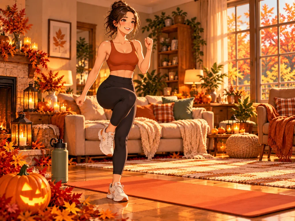 Adult woman gently marching in place during a five-minute Halloween workout warm-up in a cozy fall living room.