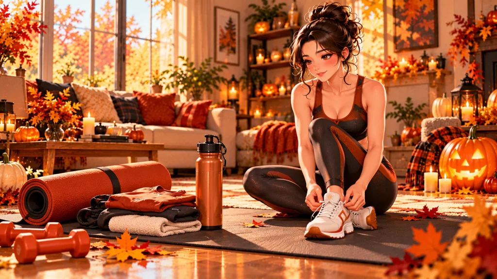 Workout clothes, sneakers, water bottle, and exercise mat prepared for a Halloween morning workout.