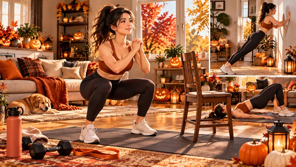 Anime-style beginner performing bodyweight strength exercises in a cozy fall home workout space.