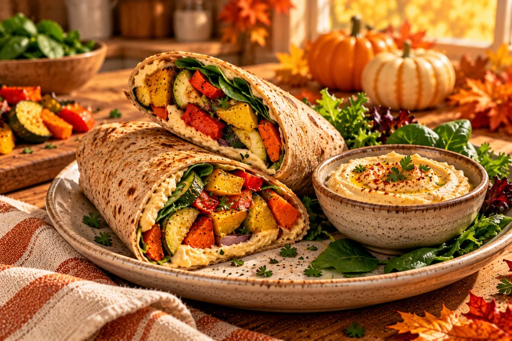 Whole-wheat hummus wrap filled with roasted zucchini, bell peppers, carrots, and spinach.