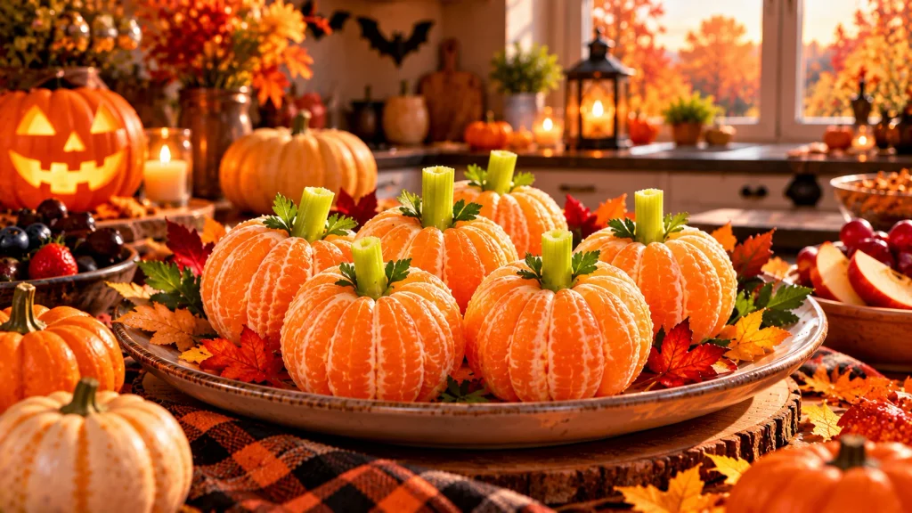Clementine pumpkins made with peeled mandarins and celery stems for a healthy Halloween snack.