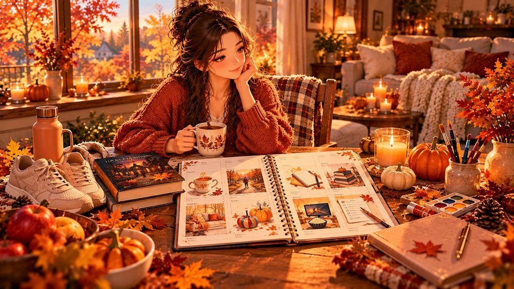Anime-style autumn self-care planner surrounded by a journal, tea, book, walking shoes, and Halloween decorations.