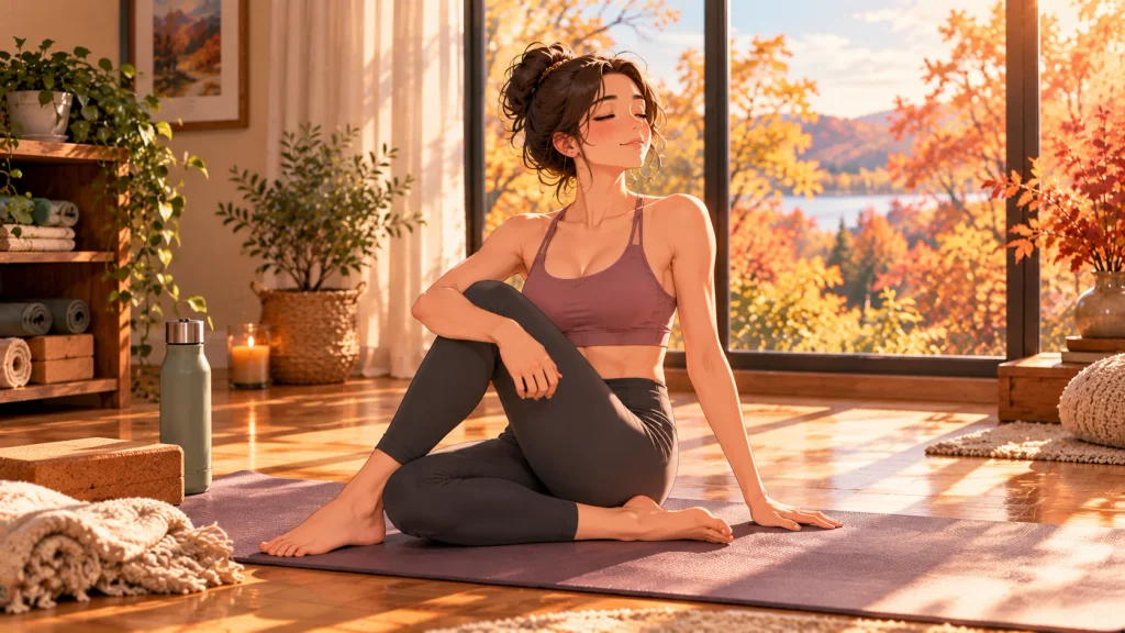 Adult practicing gentle yoga in a peaceful fall recovery setting.