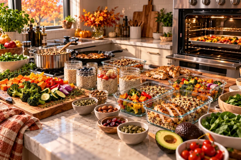 Efficient fall meal prep with vegetables grains protein and reusable containers