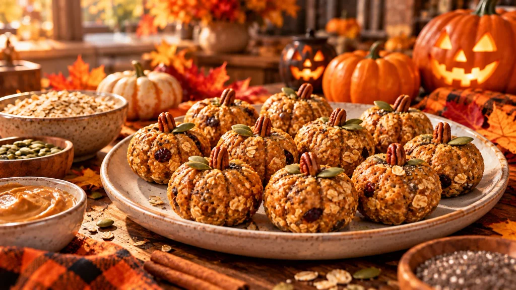 Pumpkin-inspired energy bites made with oats and nut or seed butter for an October snack.