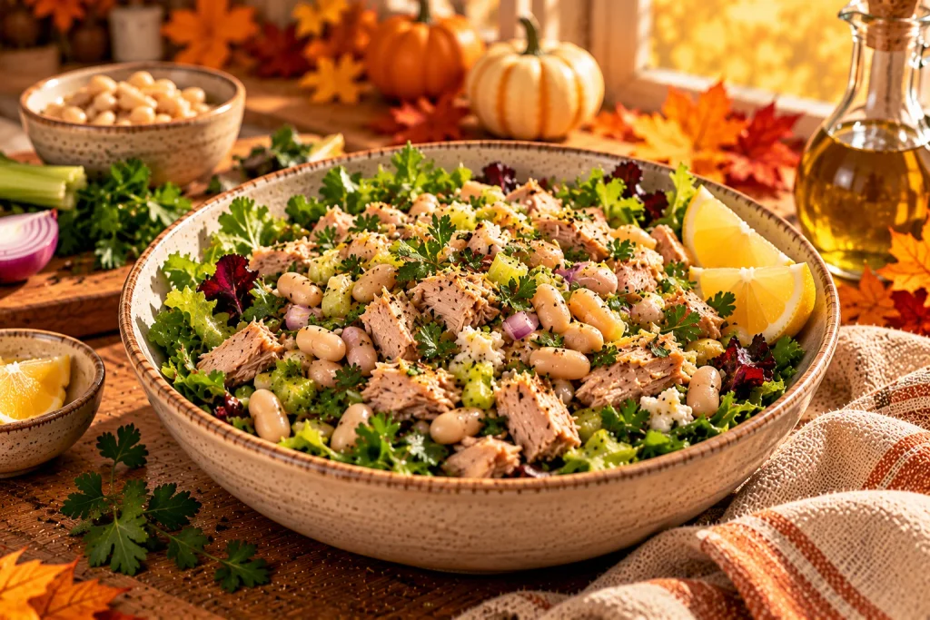 Tuna and white bean salad with celery, fresh herbs, lemon, and leafy greens.