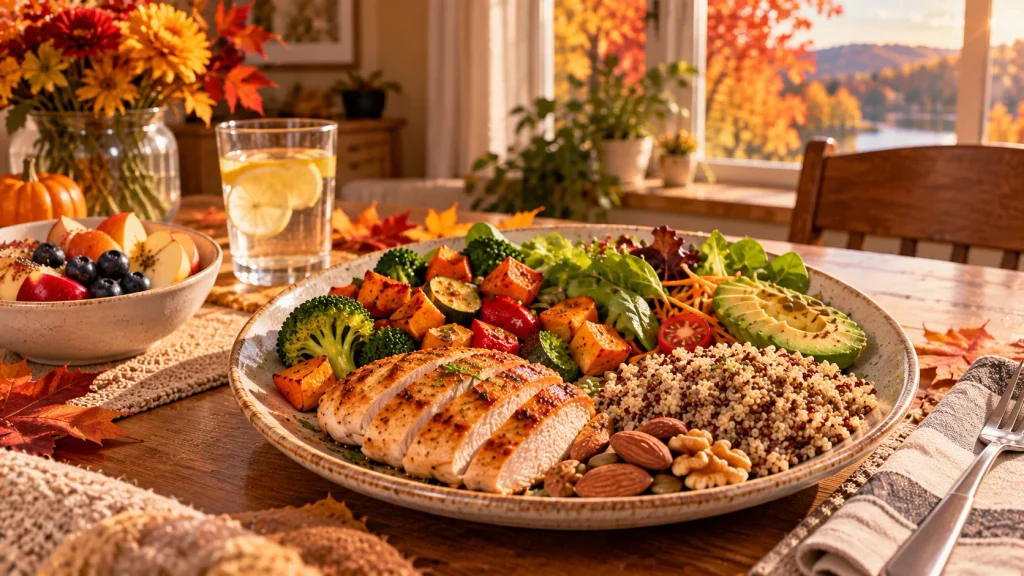 Balanced meal with vegetables, fruit, whole grains, protein, and healthy fats.