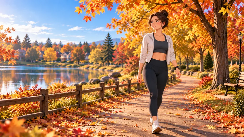 Adult taking an easy walk through an autumn park during an active recovery day.