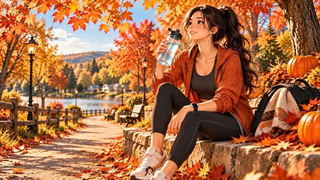 Anime-style woman taking a water break on a scenic fall fitness trail covered with golden leaves.