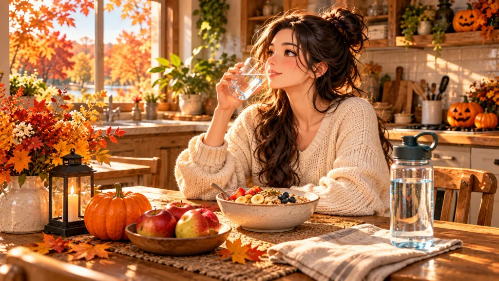 Anime-style woman drinking a glass of water at an autumn-inspired breakfast table.
