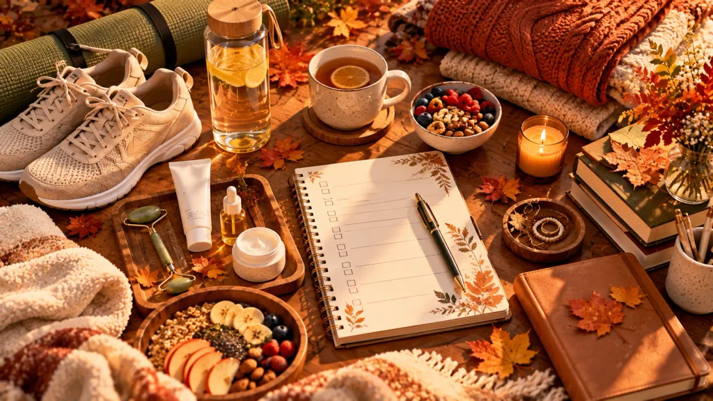 Cozy fall self-care checklist with wellness, walking, skincare and relaxation items