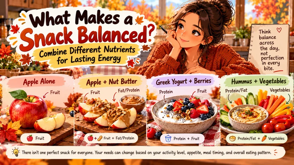 Balanced snack with fruit protein healthy fats vegetables and whole grains