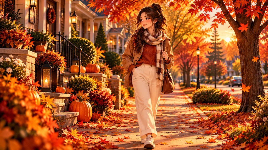 Anime-style woman taking a peaceful fall walk through an American neighborhood with colorful October leaves and pumpkin-decorated porches.
