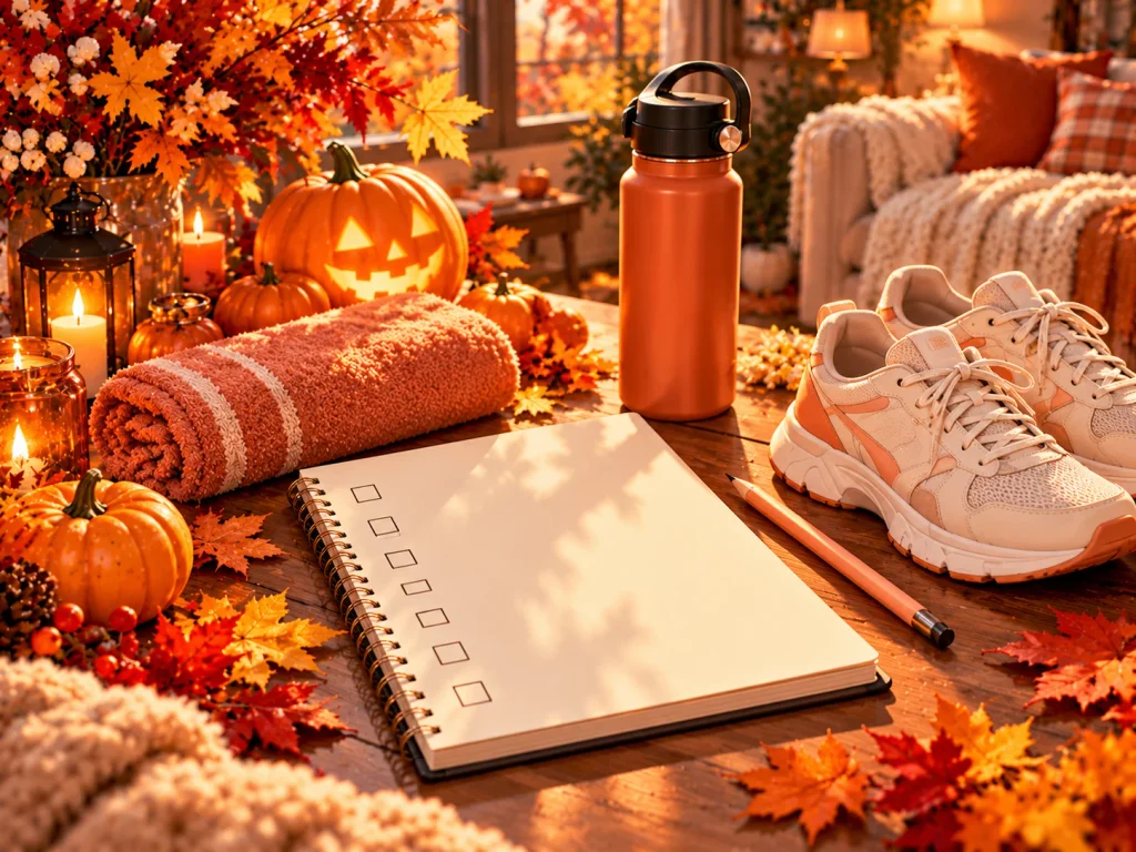 Blank workout checklist notebook with walking shoes, water bottle, autumn leaves, and Halloween pumpkins for a 31-minute movement challenge.