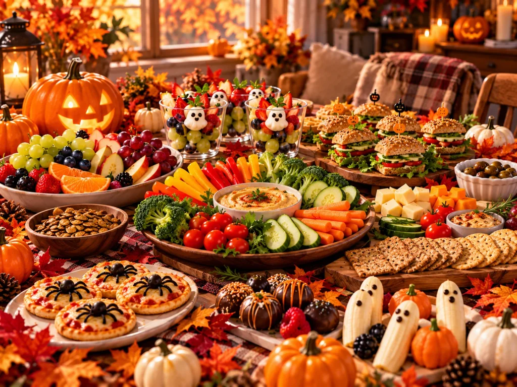 Balanced Halloween party menu with fresh fruit, vegetables, hummus, cheese, whole-grain crackers, and seasonal decorations.
