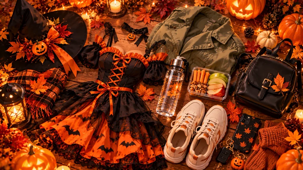 Halloween outing essentials arranged on a wooden table, including a costume, sneakers, jacket, water bottle, and snacks.