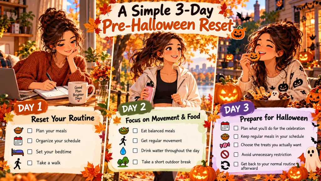 3-day pre-Halloween wellness reset with fall routines, movement, healthy meals, and mindful treats
