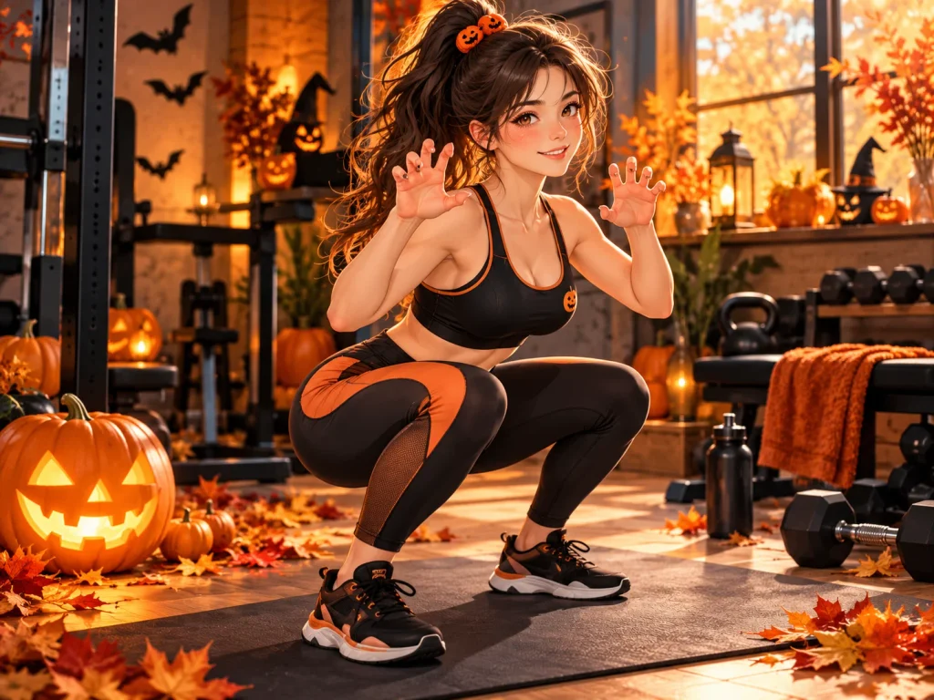 Anime-style woman performing a controlled bodyweight squat in Halloween workout clothes in a pumpkin-decorated home gym.